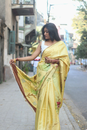Yellow Hand Painted Silk Saree